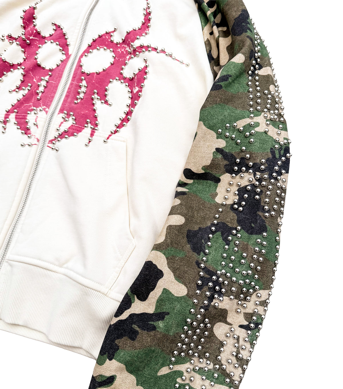 Studded Roach Zip-Up Hooded Raglan Sweatshirt