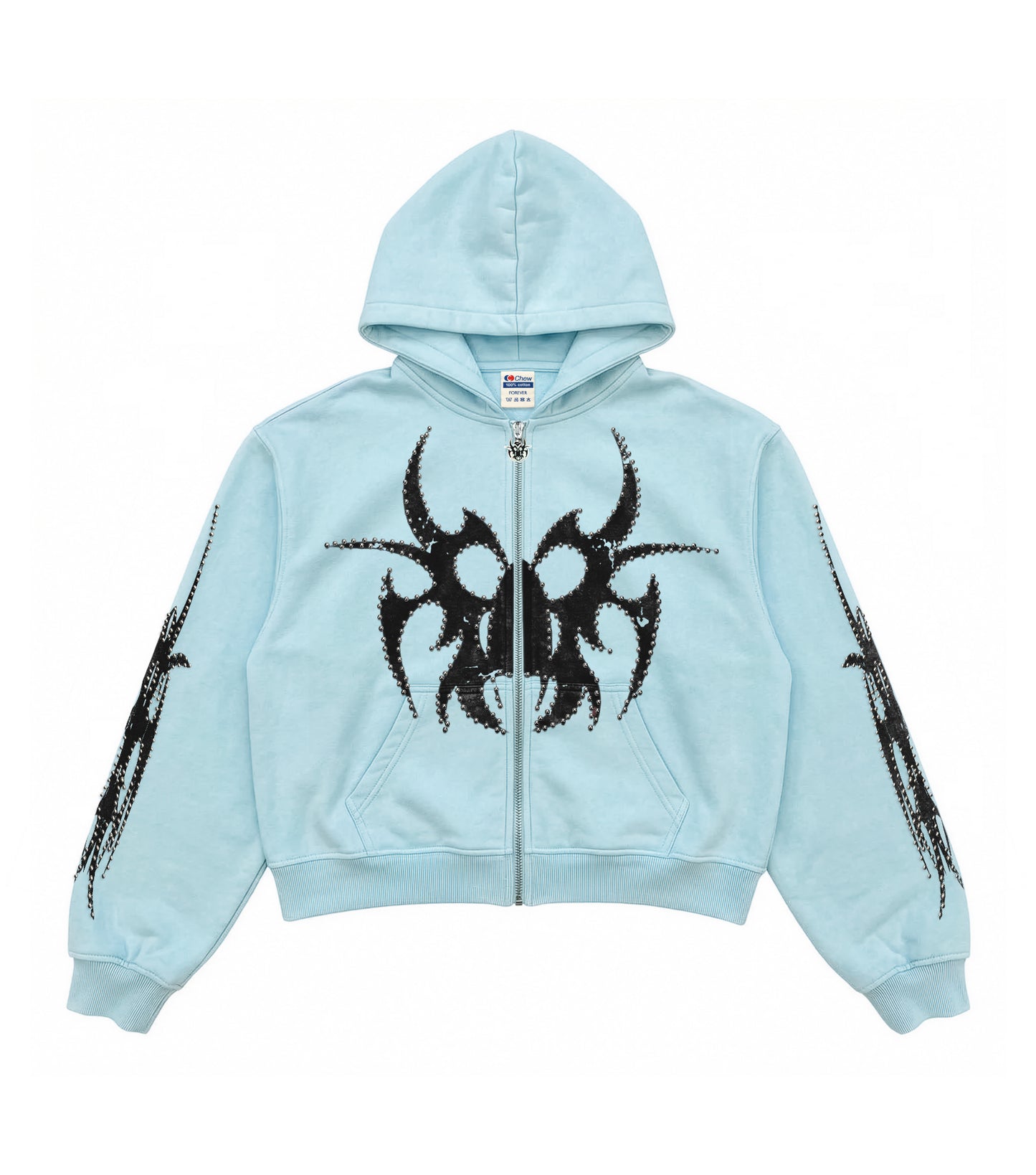 Blue Silver Studded Zip Hoodie - Front