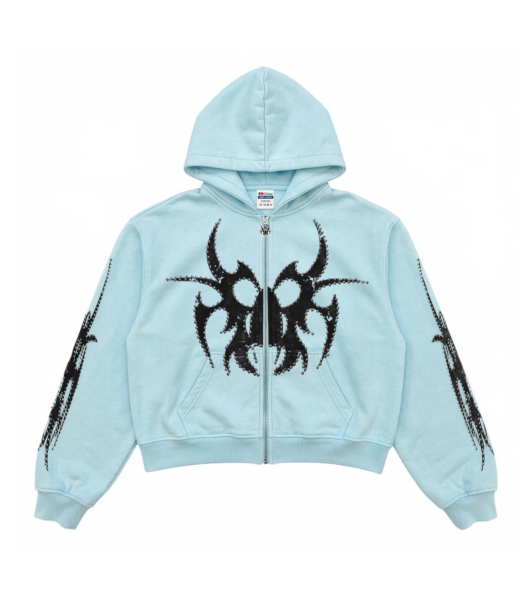 Blue Silver Studded Zip Hoodie - Front