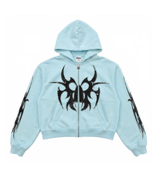 Blue Silver Studded Zip Hoodie - Front