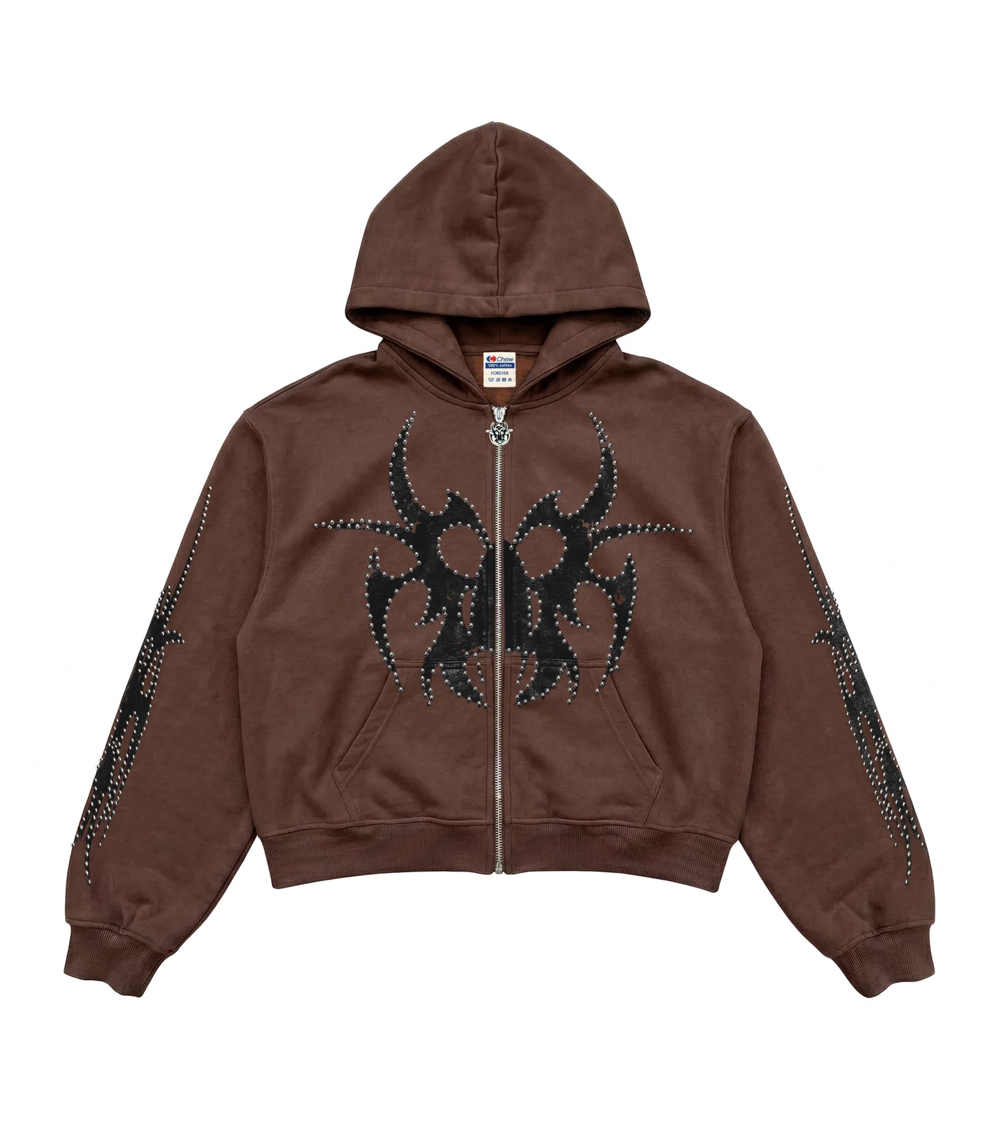 Brown Silver Studded Zip Hoodie - Front