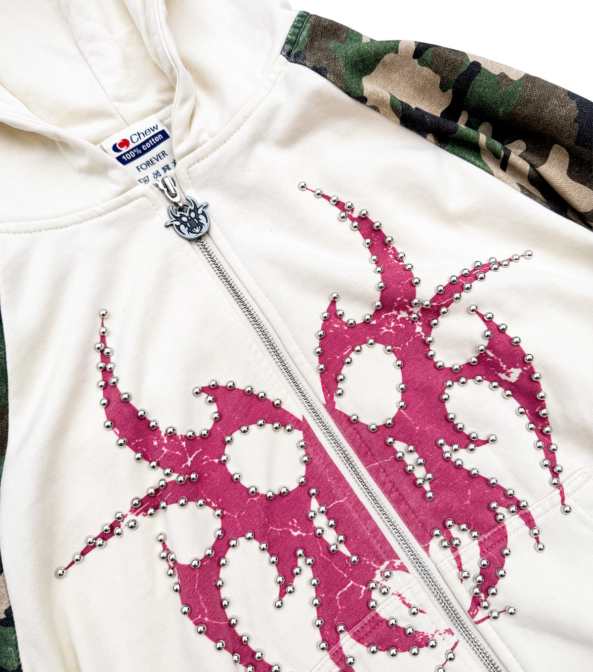 Studded Roach Zip-Up Hooded Raglan Sweatshirt