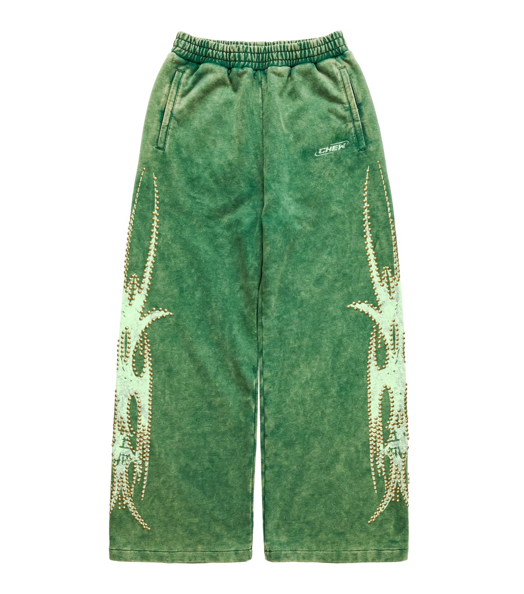 Green Gold Studded Sweatpants front