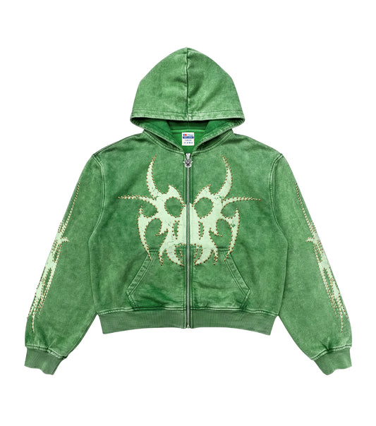 Green Gold Studded Zip Hoodie front