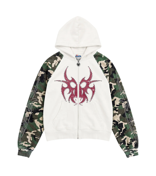 Studded Roach Zip-Up Hooded Raglan Sweatshirt