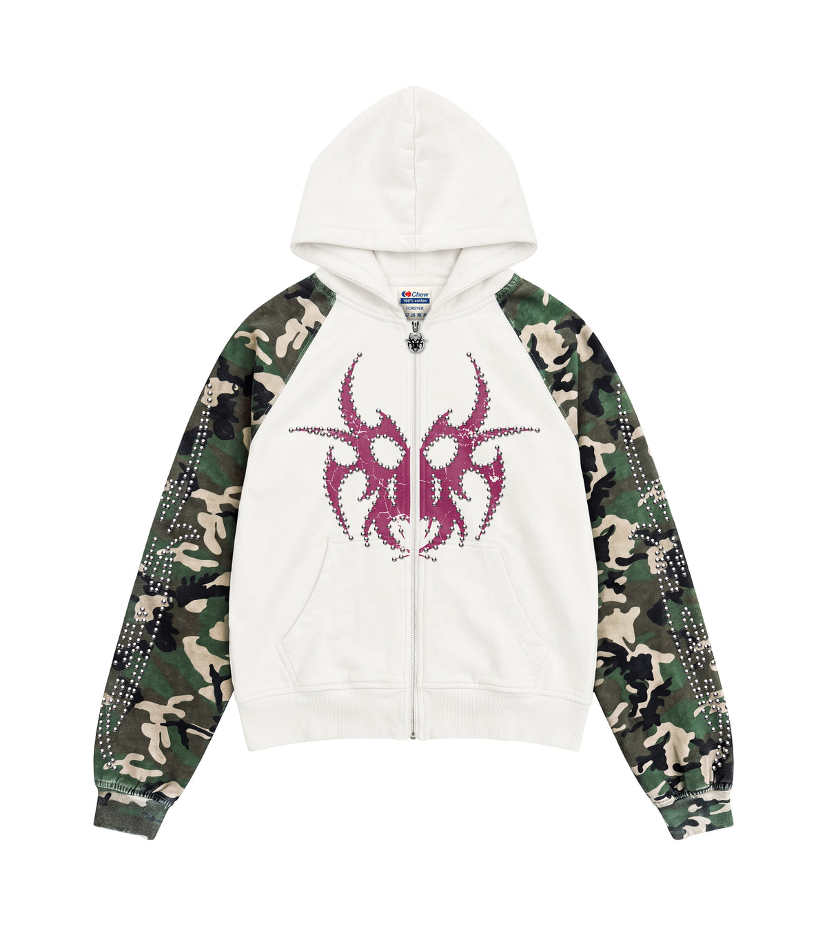 Studded Roach Zip-Up Hooded Raglan Sweatshirt