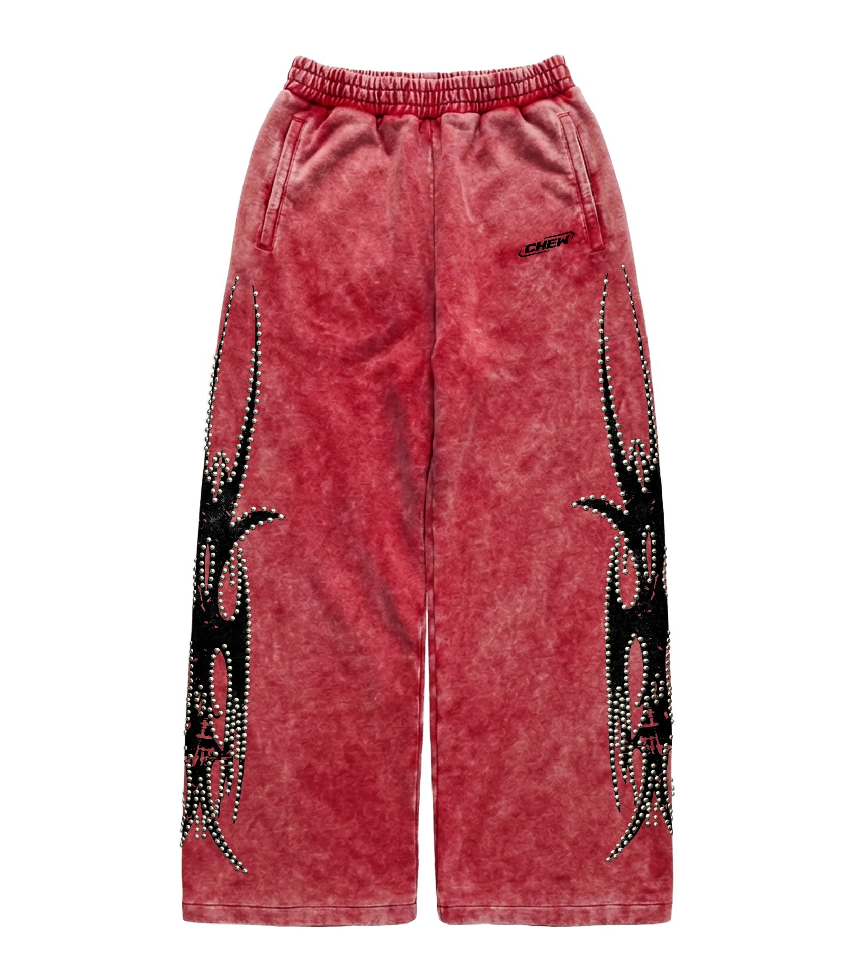 Red Silver Studded Sweatpants - Front