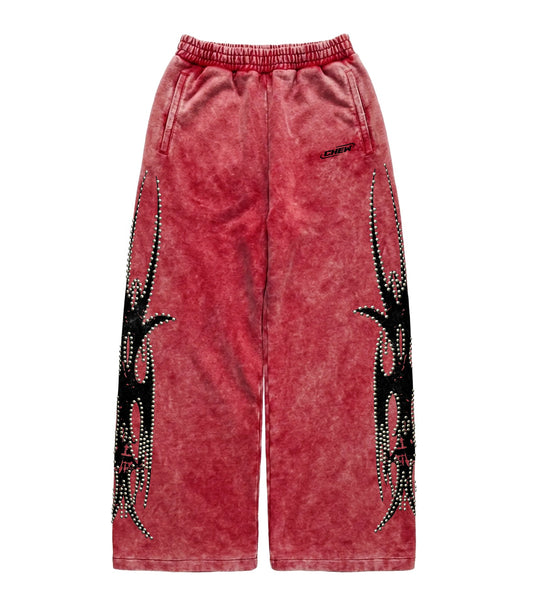 Red Silver Studded Sweatpants - Front